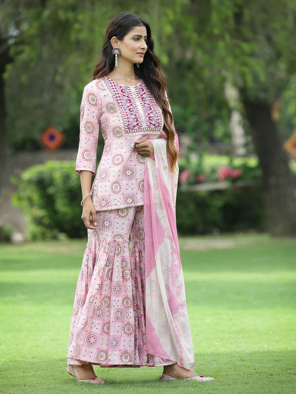 Juniper Pink Muslin Festive Wear Mirror Work Straight Kurta Sharara Dupatta Set | Grocsy