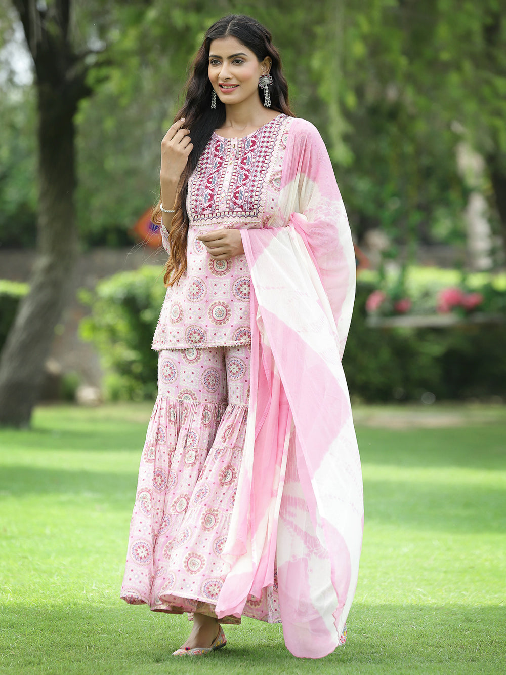 Juniper Pink Muslin Festive Wear Mirror Work Straight Kurta Sharara Dupatta Set | Grocsy