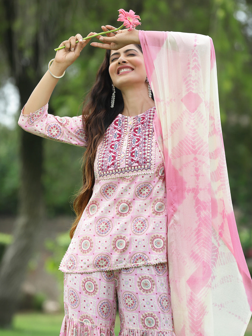 Juniper Pink Muslin Festive Wear Mirror Work Straight Kurta Sharara Dupatta Set | Grocsy