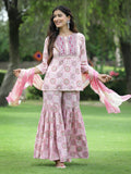 Juniper Pink Muslin Festive Wear Mirror Work Straight Kurta Sharara Dupatta Set | Grocsy