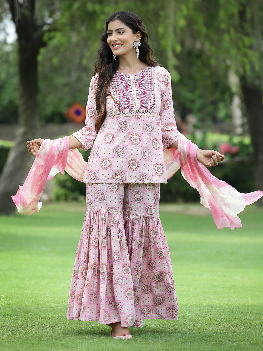 Juniper Pink Muslin Festive Wear Mirror Work Straight Kurta Sharara Dupatta Set | Grocsy