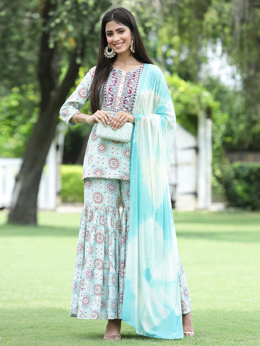 Juniper Skyblue Muslin Festive Wear Mirror Work Straight Kurta Sharara Dupatta Set | Grocsy