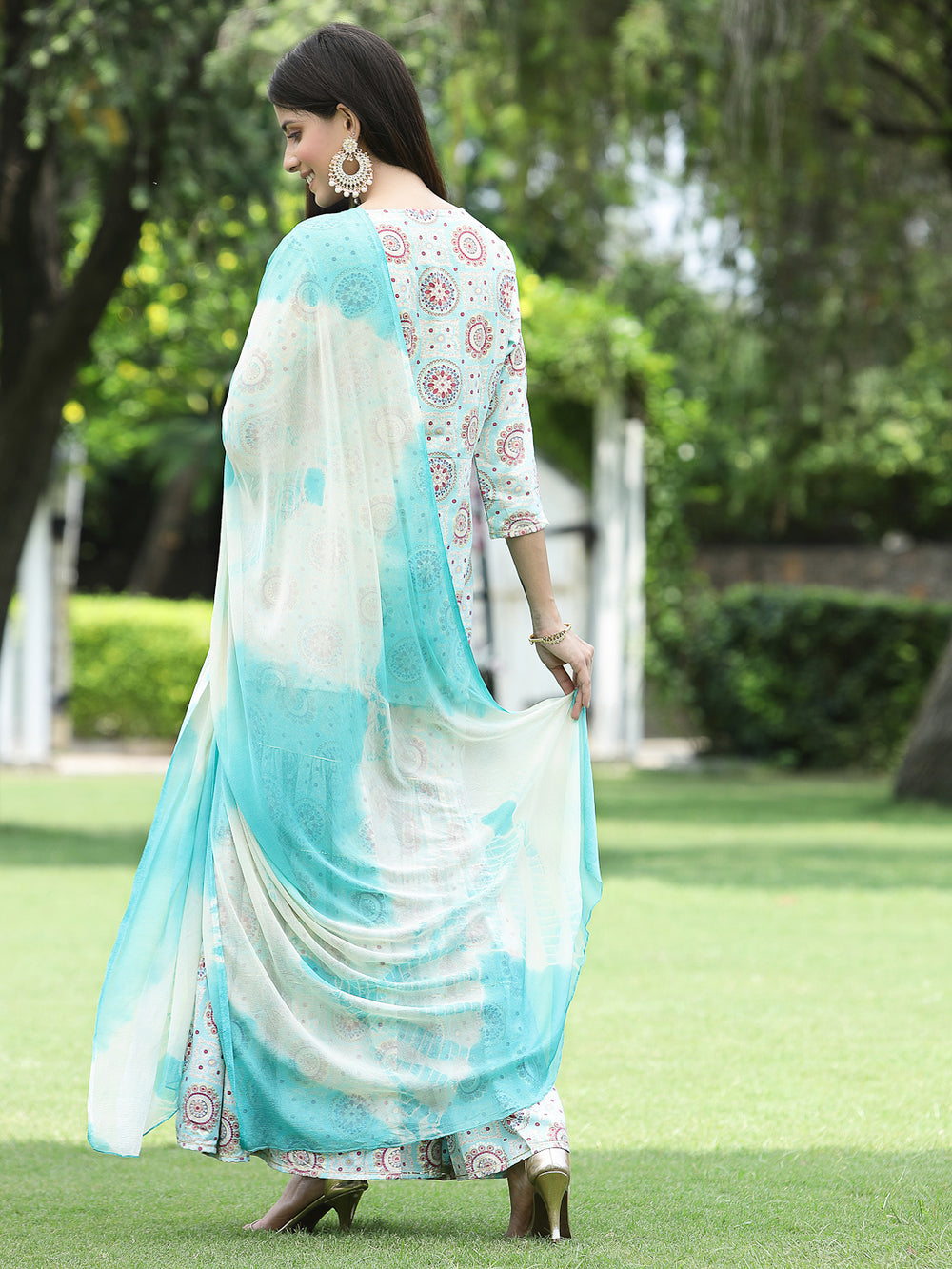 Juniper Skyblue Muslin Festive Wear Mirror Work Straight Kurta Sharara Dupatta Set | Grocsy