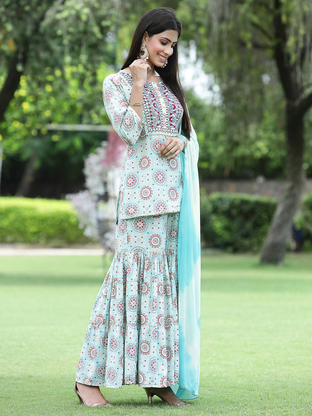 Juniper Skyblue Muslin Festive Wear Mirror Work Straight Kurta Sharara Dupatta Set | Grocsy