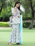 Juniper Skyblue Muslin Festive Wear Mirror Work Straight Kurta Sharara Dupatta Set | Grocsy