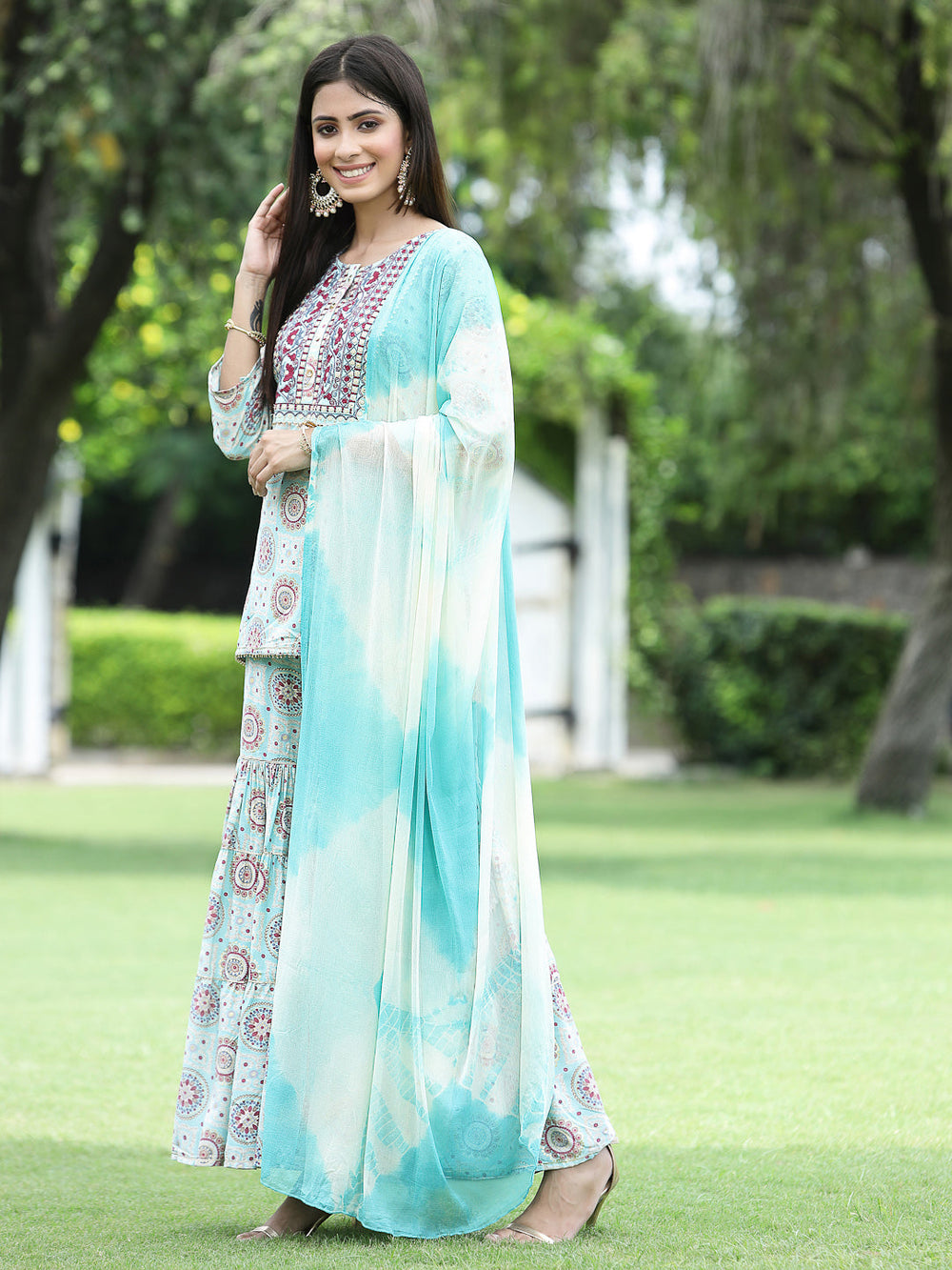 Juniper Skyblue Muslin Festive Wear Mirror Work Straight Kurta Sharara Dupatta Set | Grocsy