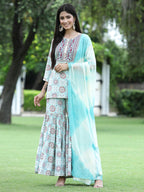 Juniper Skyblue Muslin Festive Wear Mirror Work Straight Kurta Sharara Dupatta Set | Grocsy