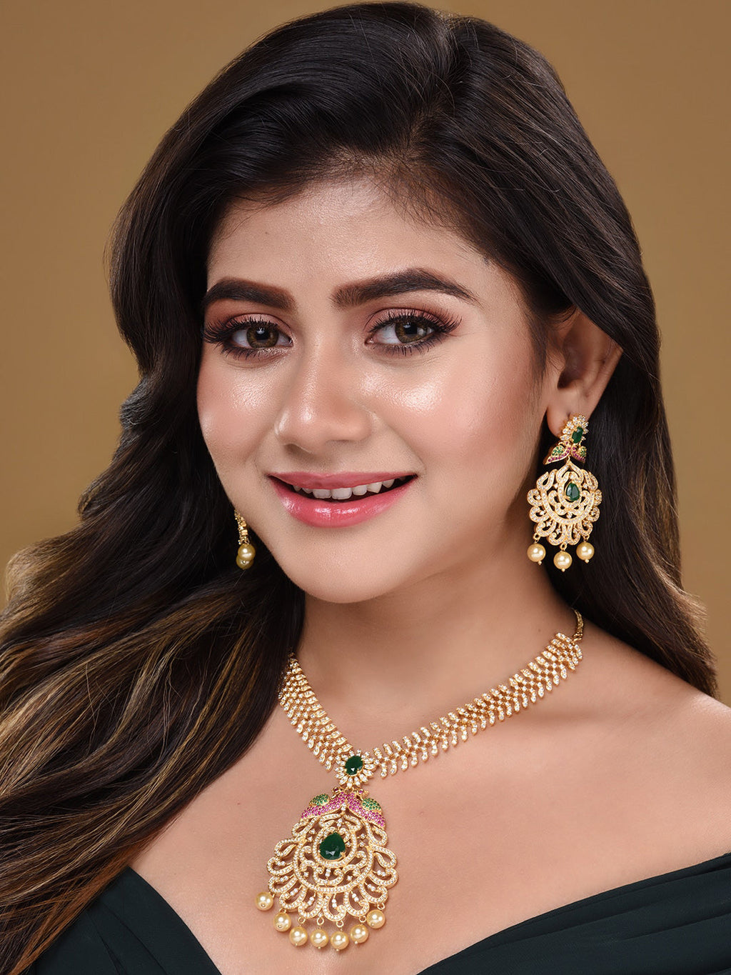 Saraf RS Jewellery Women Gold and Green Gold-Polished Jewellery Set | Grocsy
