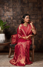 Vardha Persian Red Golden Zari Kanjeevaram Silk Saree | Grocsy