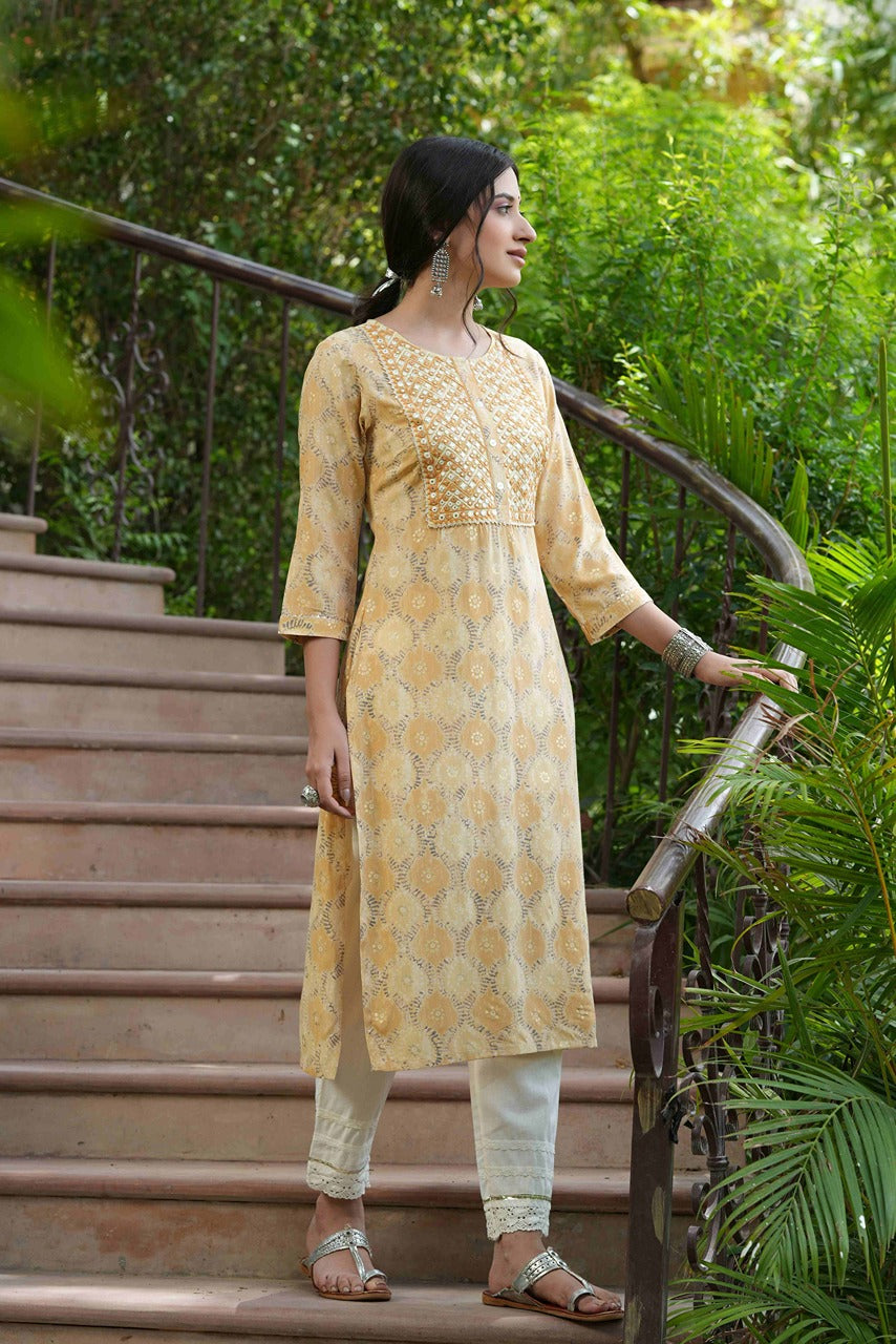 Juniper Beige Muslin Festive Wear Mirror Work Straight Kurta | Grocsy