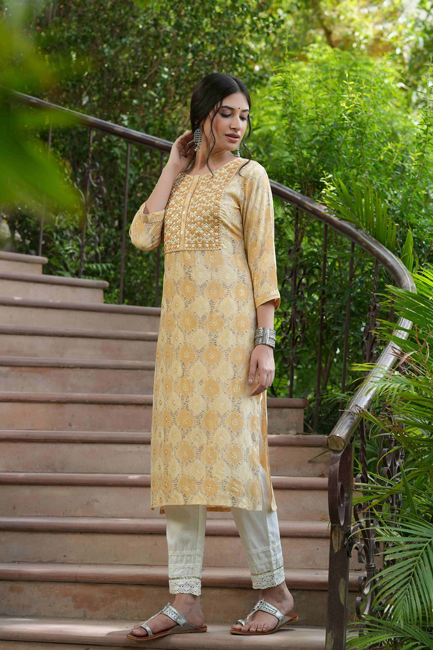 Juniper Beige Muslin Festive Wear Mirror Work Straight Kurta | Grocsy