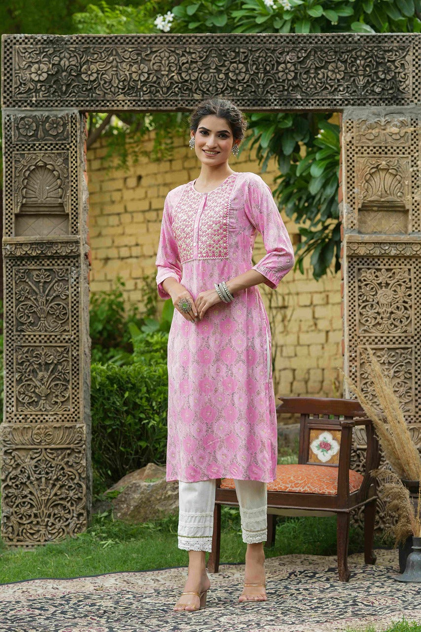 Juniper Pink Muslin Festive Wear Mirror Work Straight Kurta | Grocsy