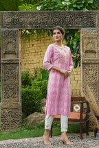 Juniper Pink Muslin Festive Wear Mirror Work Straight Kurta | Grocsy