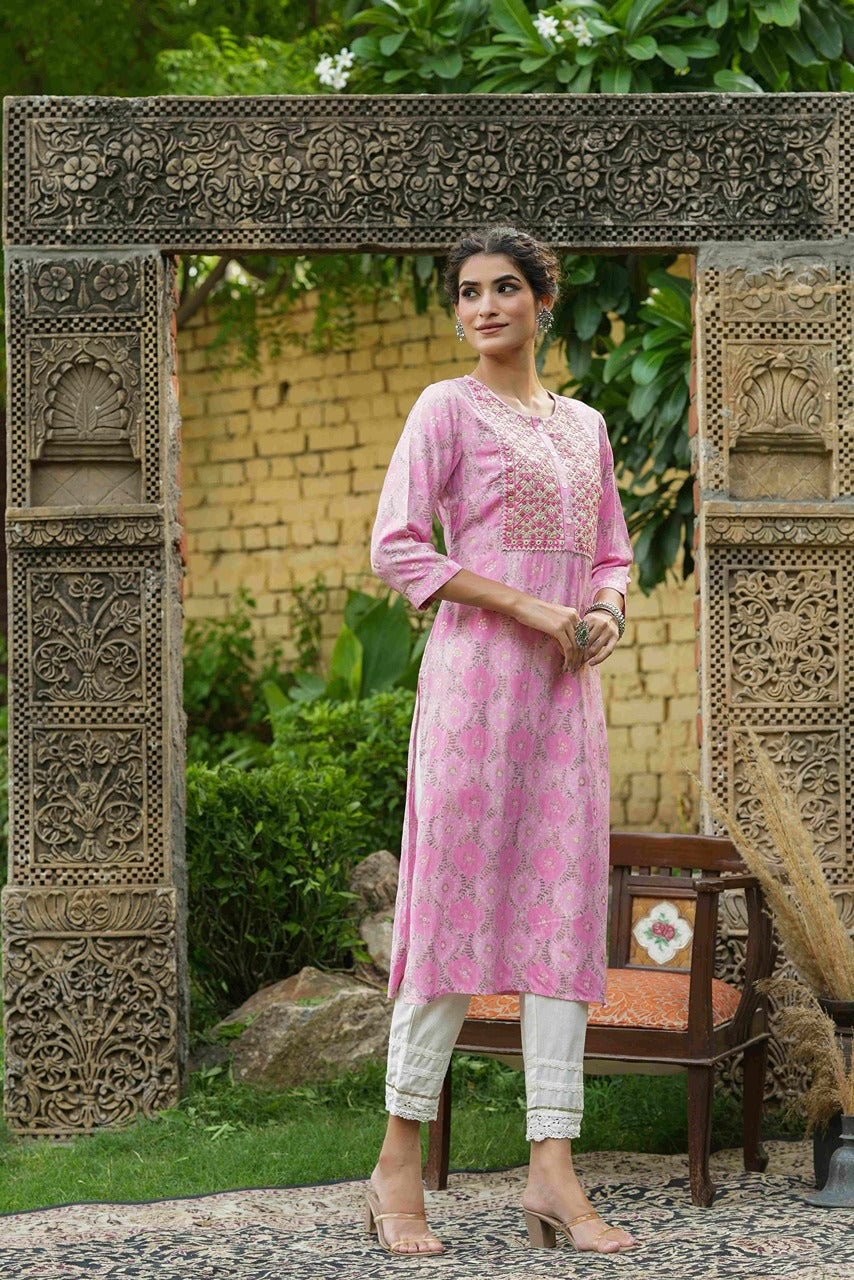 Juniper Pink Muslin Festive Wear Mirror Work Straight Kurta | Grocsy
