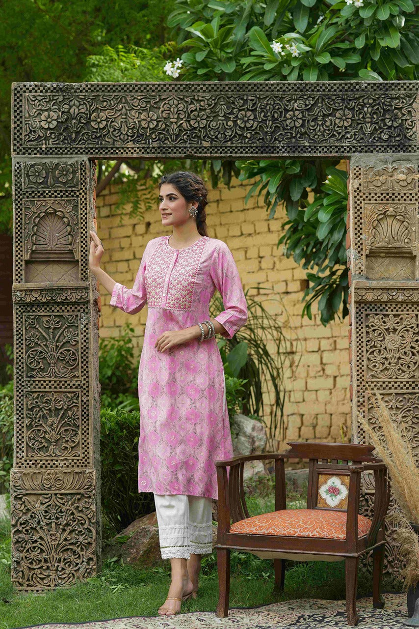 Juniper Pink Muslin Festive Wear Mirror Work Straight Kurta | Grocsy