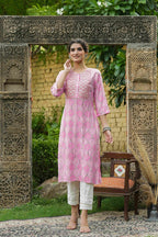 Juniper Pink Muslin Festive Wear Mirror Work Straight Kurta | Grocsy
