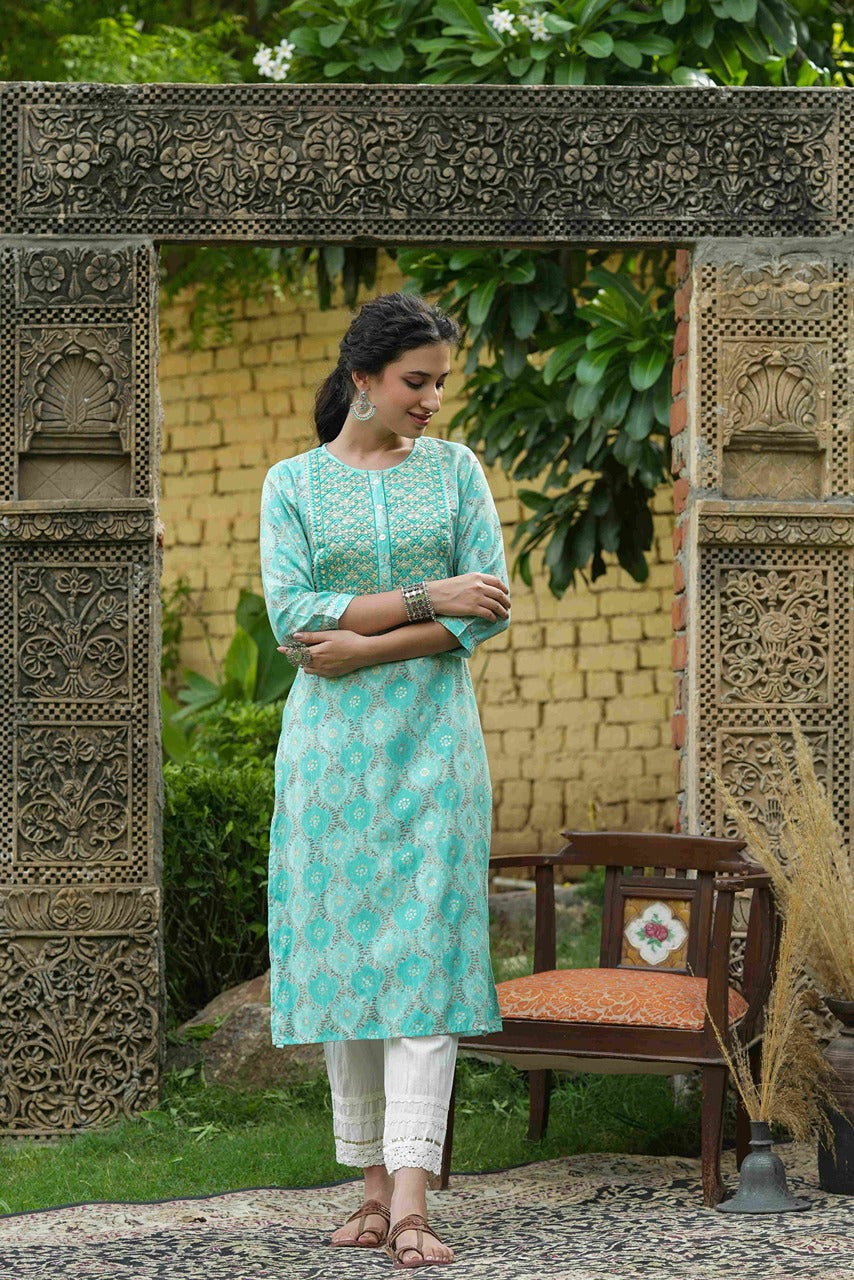 Juniper Skyblue Muslin Festive Wear Mirror Work Straight Kurta | Grocsy