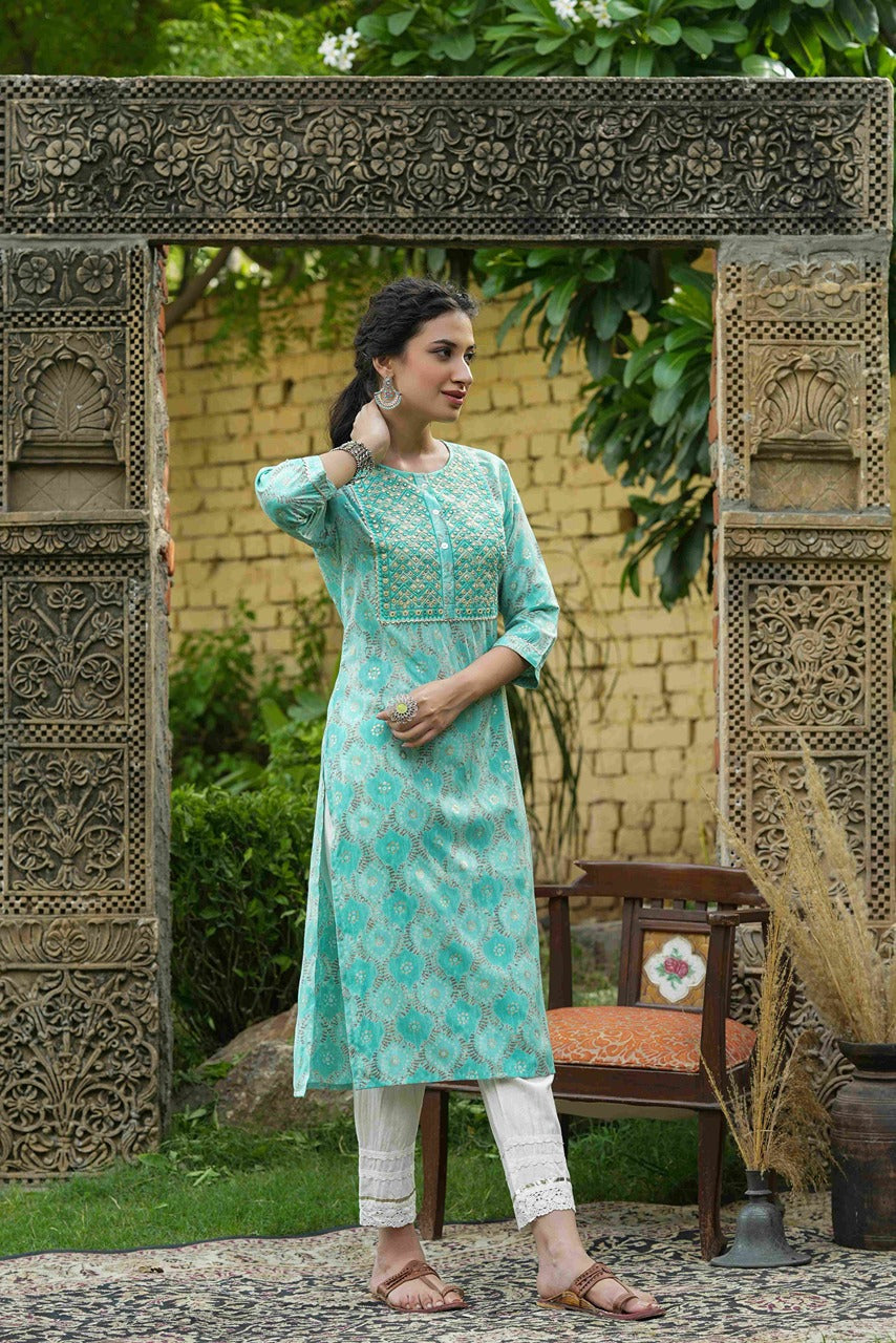 Juniper Skyblue Muslin Festive Wear Mirror Work Straight Kurta | Grocsy