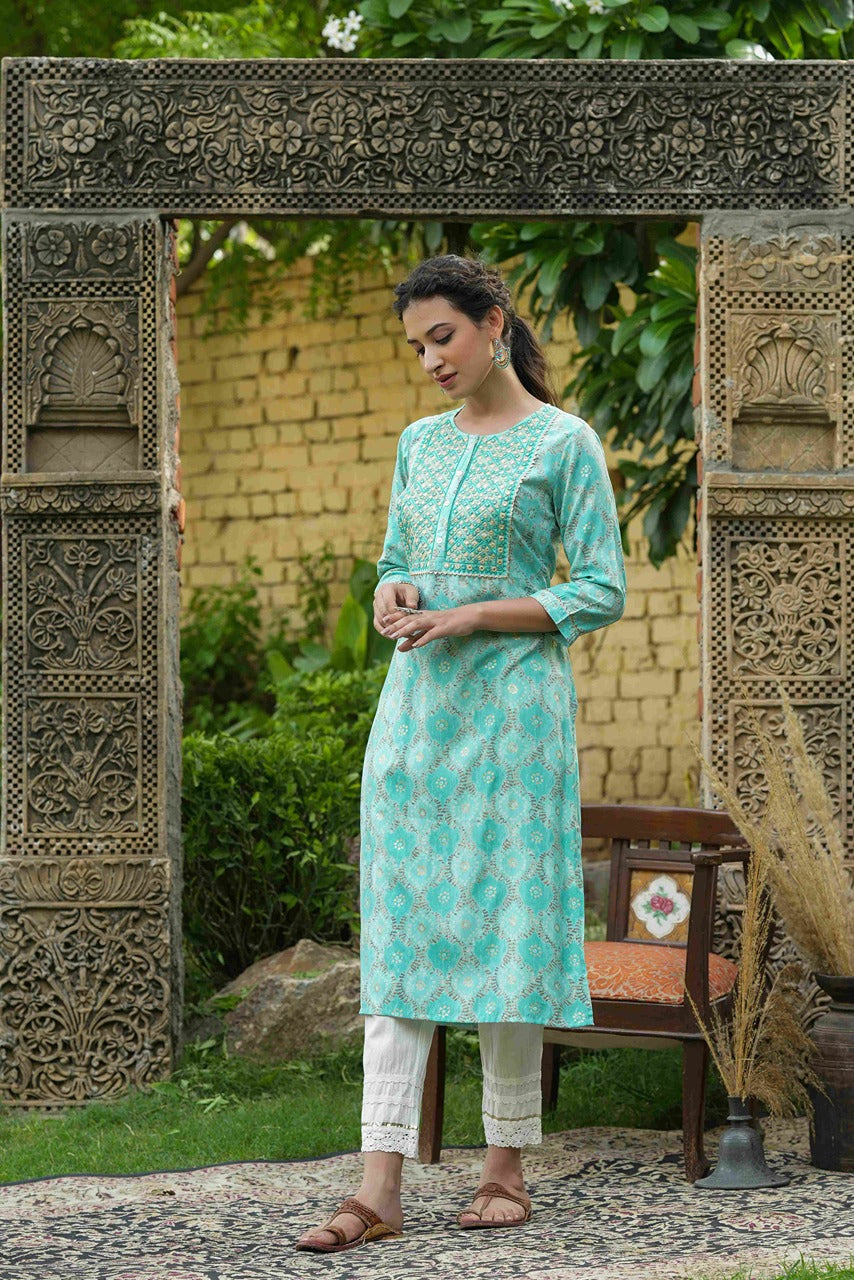 Juniper Skyblue Muslin Festive Wear Mirror Work Straight Kurta | Grocsy