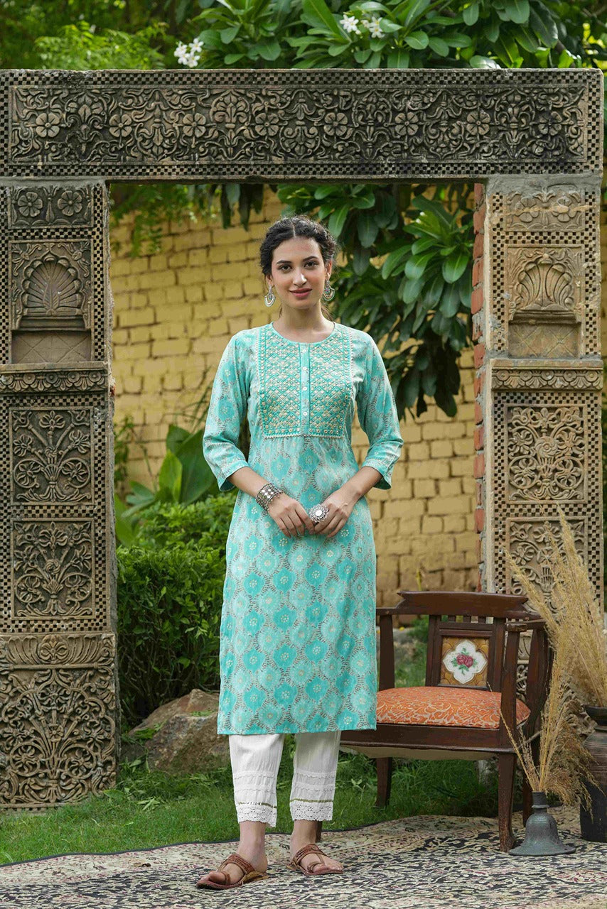 Juniper Skyblue Muslin Festive Wear Mirror Work Straight Kurta | Grocsy