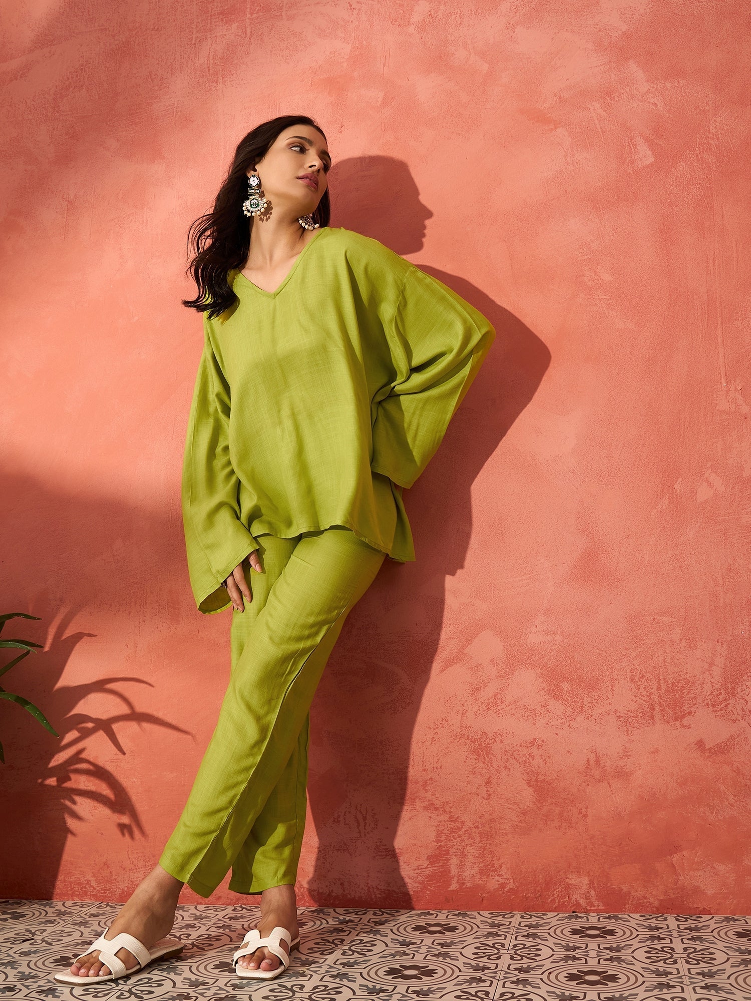 InWeave Pear Green Solid Boho Full Sleeve Co Ord Set | Grocsy