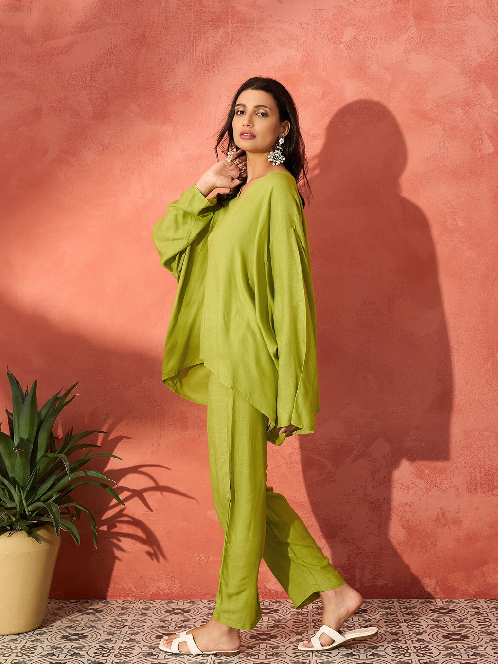 InWeave Pear Green Solid Boho Full Sleeve Co Ord Set | Grocsy