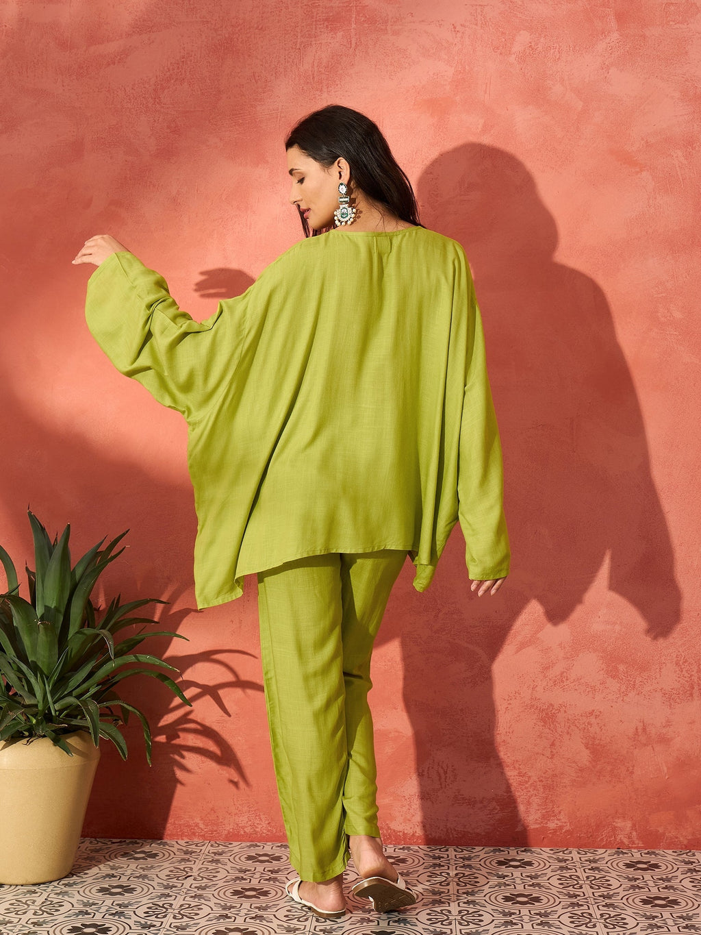 InWeave Pear Green Solid Boho Full Sleeve Co Ord Set | Grocsy