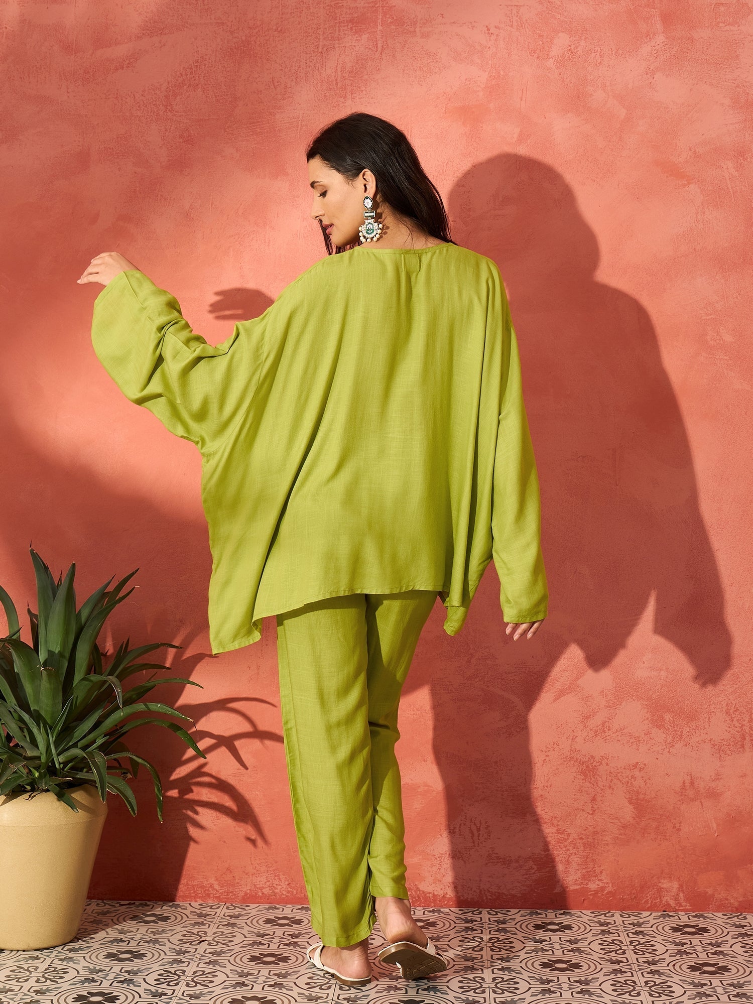 InWeave Pear Green Solid Boho Full Sleeve Co Ord Set | Grocsy