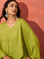 InWeave Pear Green Solid Boho Full Sleeve Co Ord Set | Grocsy