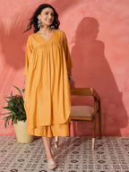 InWeave Mustard Lurex Flared V Neck Kurta Palazzo Set | Grocsy