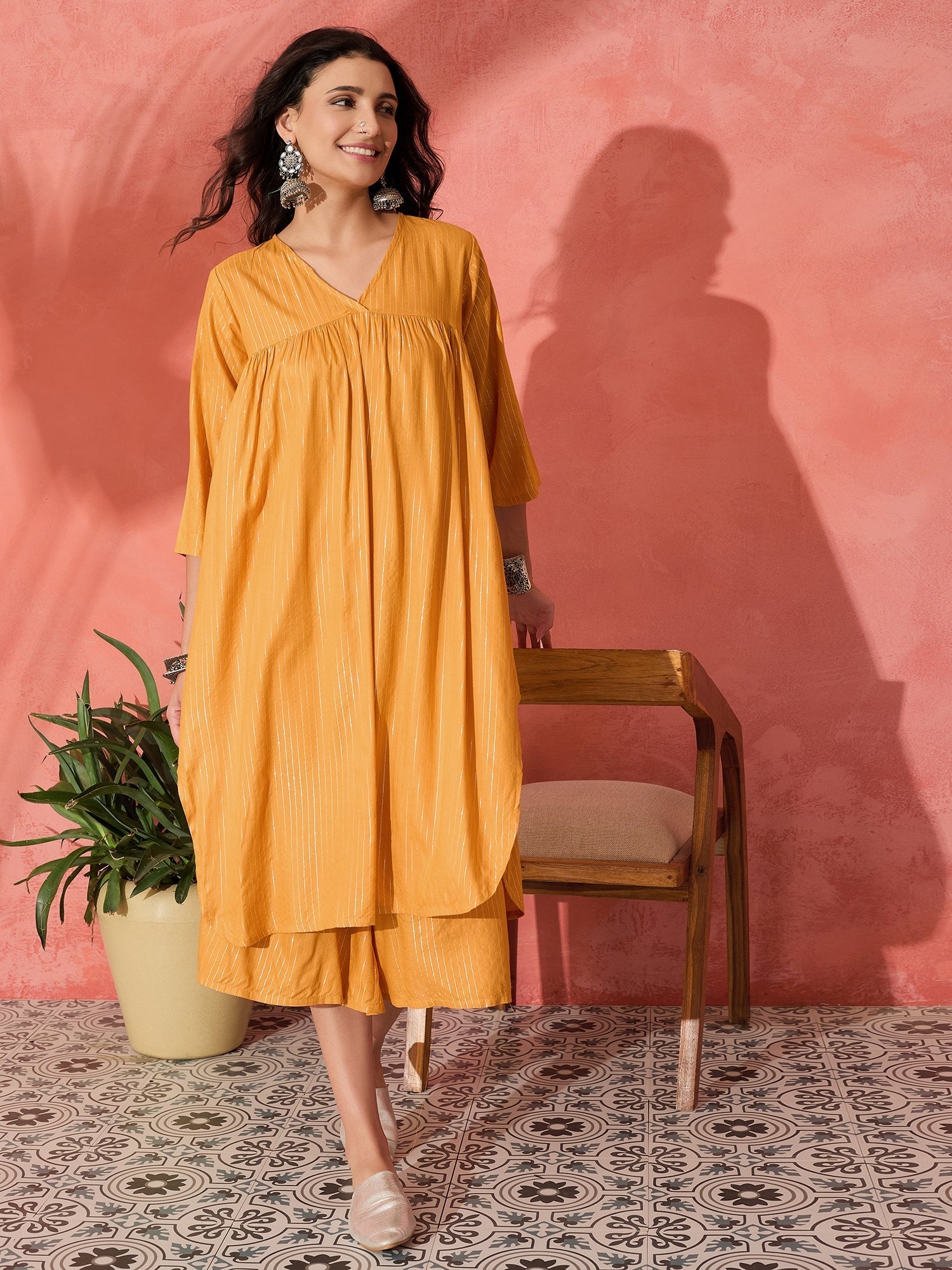 InWeave Mustard Lurex Flared V Neck Kurta Palazzo Set | Grocsy