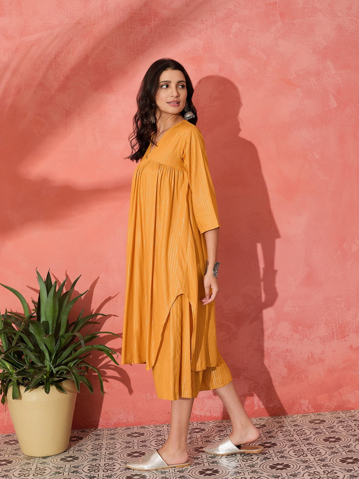 InWeave Mustard Lurex Flared V Neck Kurta Palazzo Set | Grocsy