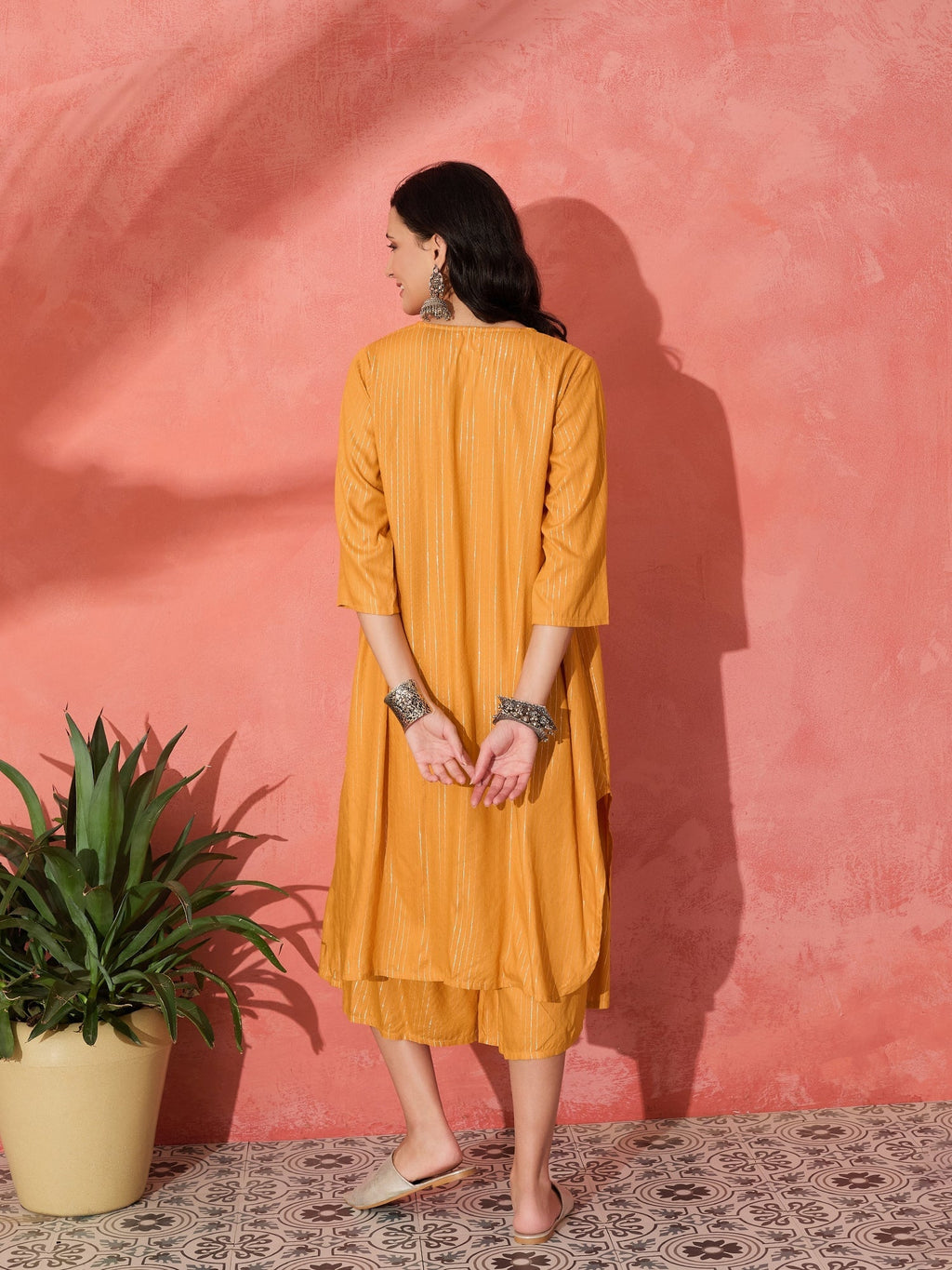 InWeave Mustard Lurex Flared V Neck Kurta Palazzo Set | Grocsy