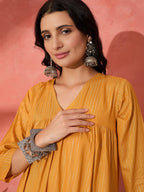 InWeave Mustard Lurex Flared V Neck Kurta Palazzo Set | Grocsy