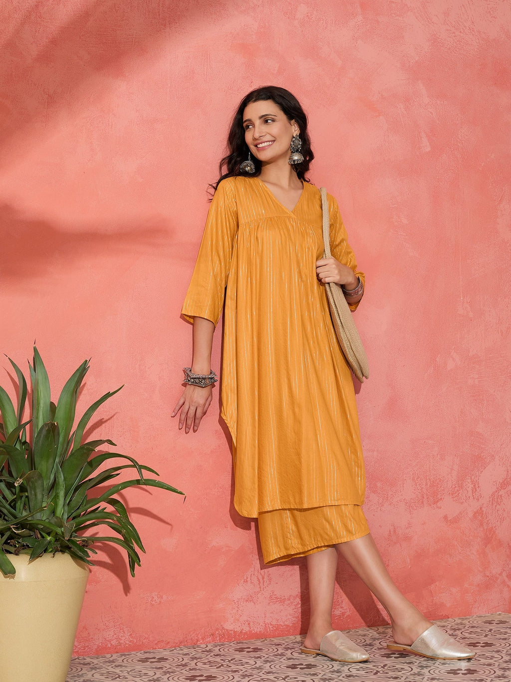 InWeave Mustard Lurex Flared V Neck Kurta Palazzo Set | Grocsy