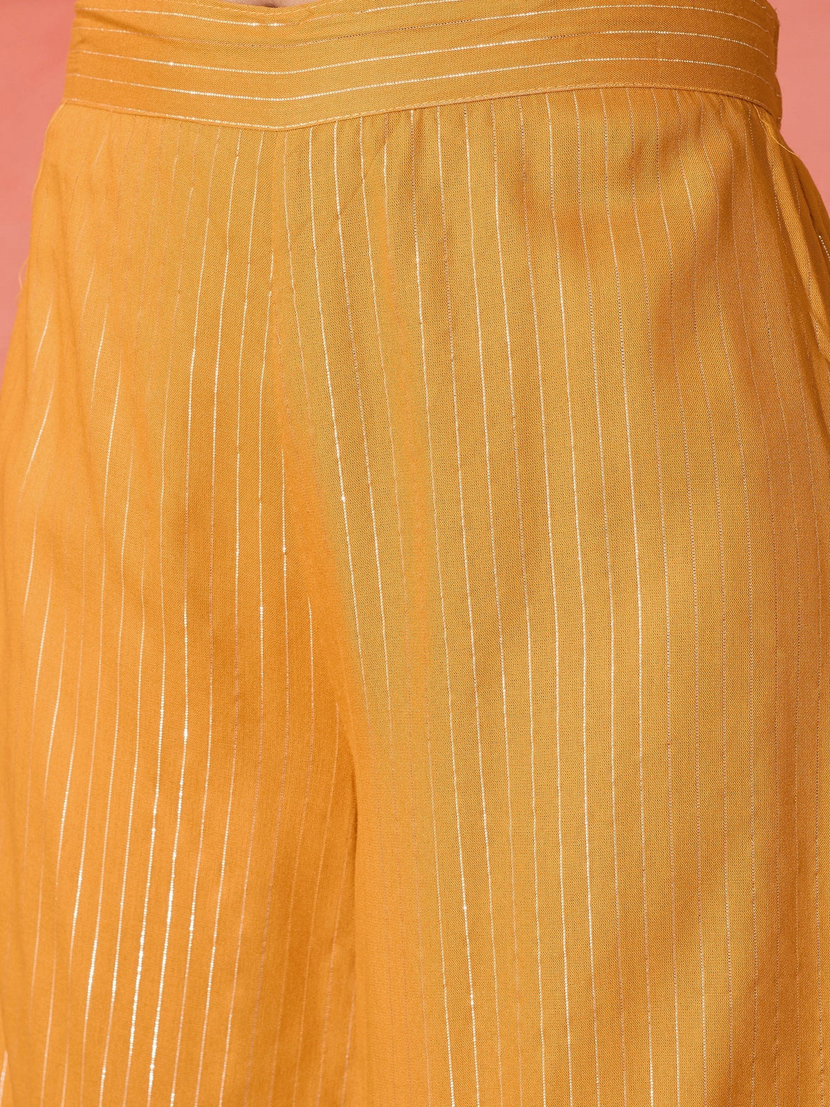 InWeave Mustard Lurex Flared V Neck Kurta Palazzo Set | Grocsy