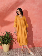 InWeave Mustard Lurex Flared V Neck Kurta Palazzo Set | Grocsy