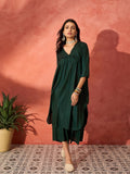 InWeave Pine Green Lurex Flared V Neck Kurta Palazzo Set | Grocsy