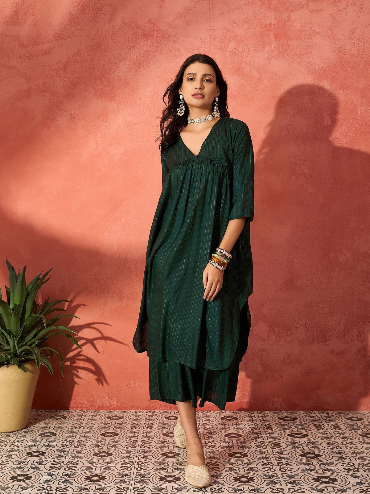 InWeave Pine Green Lurex Flared V Neck Kurta Palazzo Set | Grocsy