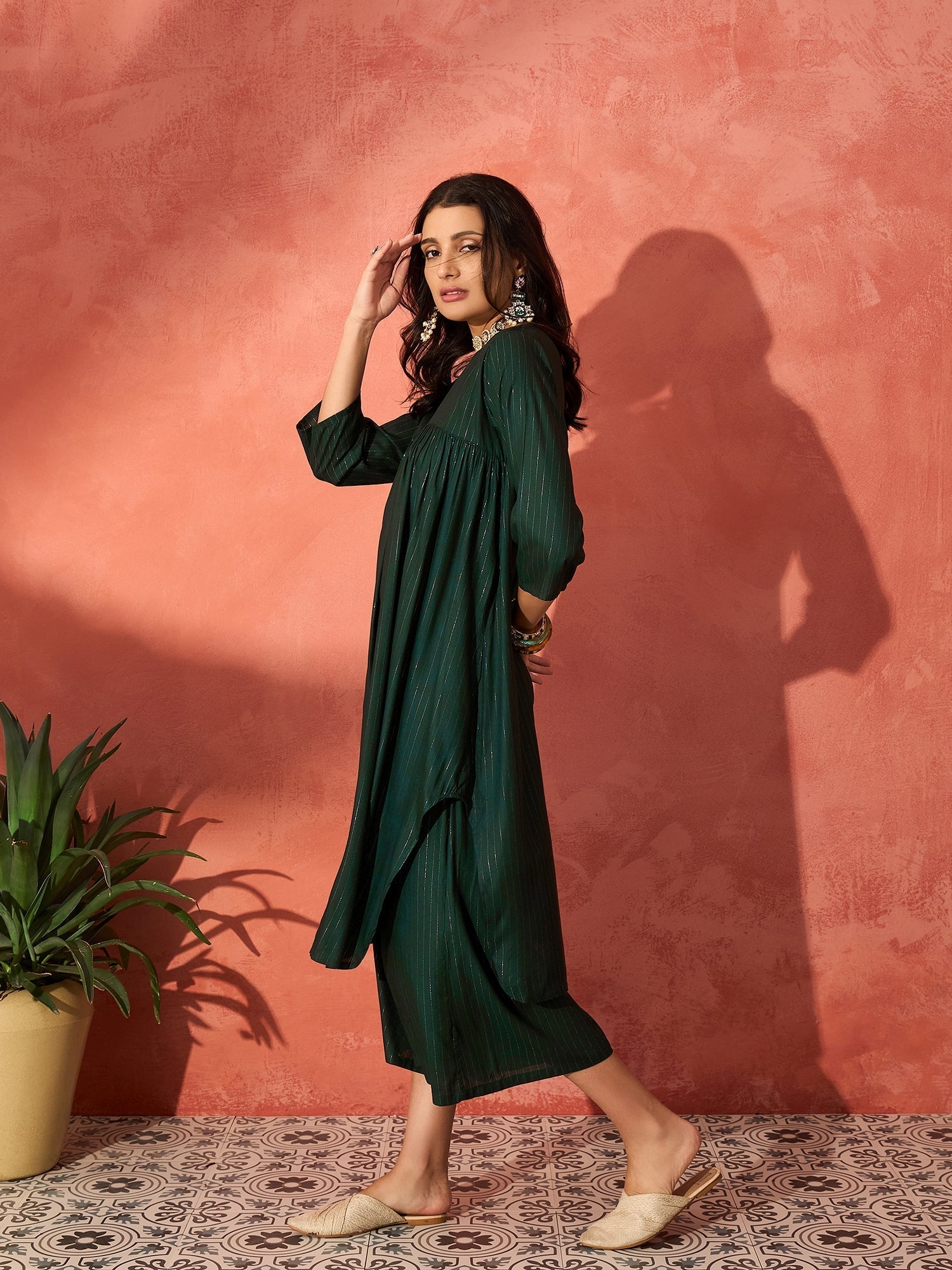 InWeave Pine Green Lurex Flared V Neck Kurta Palazzo Set | Grocsy