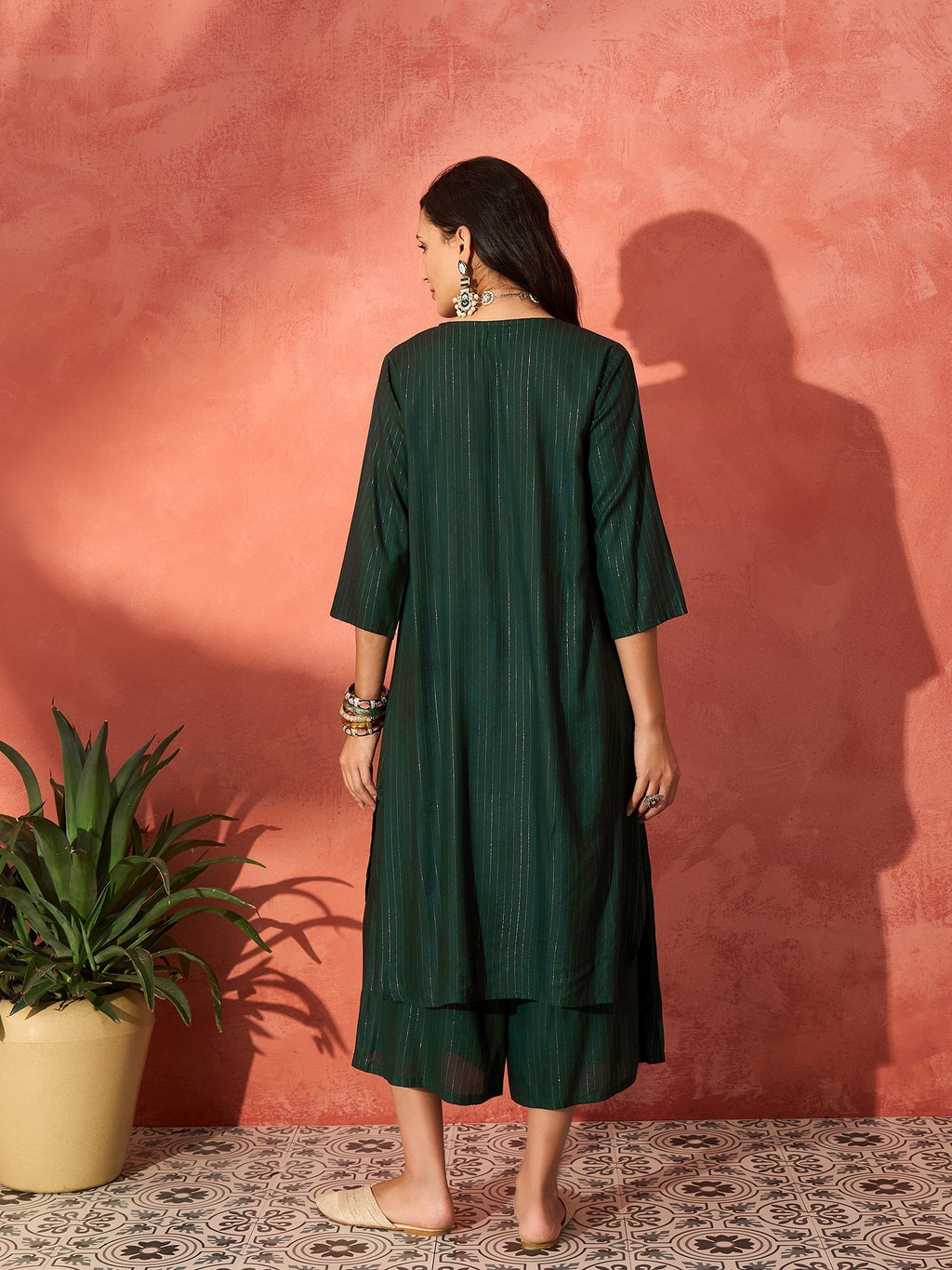InWeave Pine Green Lurex Flared V Neck Kurta Palazzo Set | Grocsy