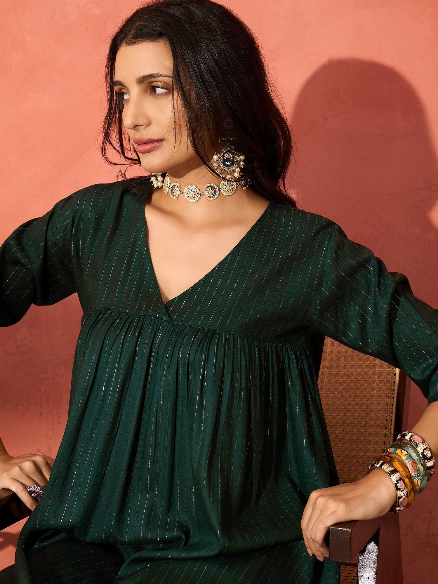InWeave Pine Green Lurex Flared V Neck Kurta Palazzo Set | Grocsy