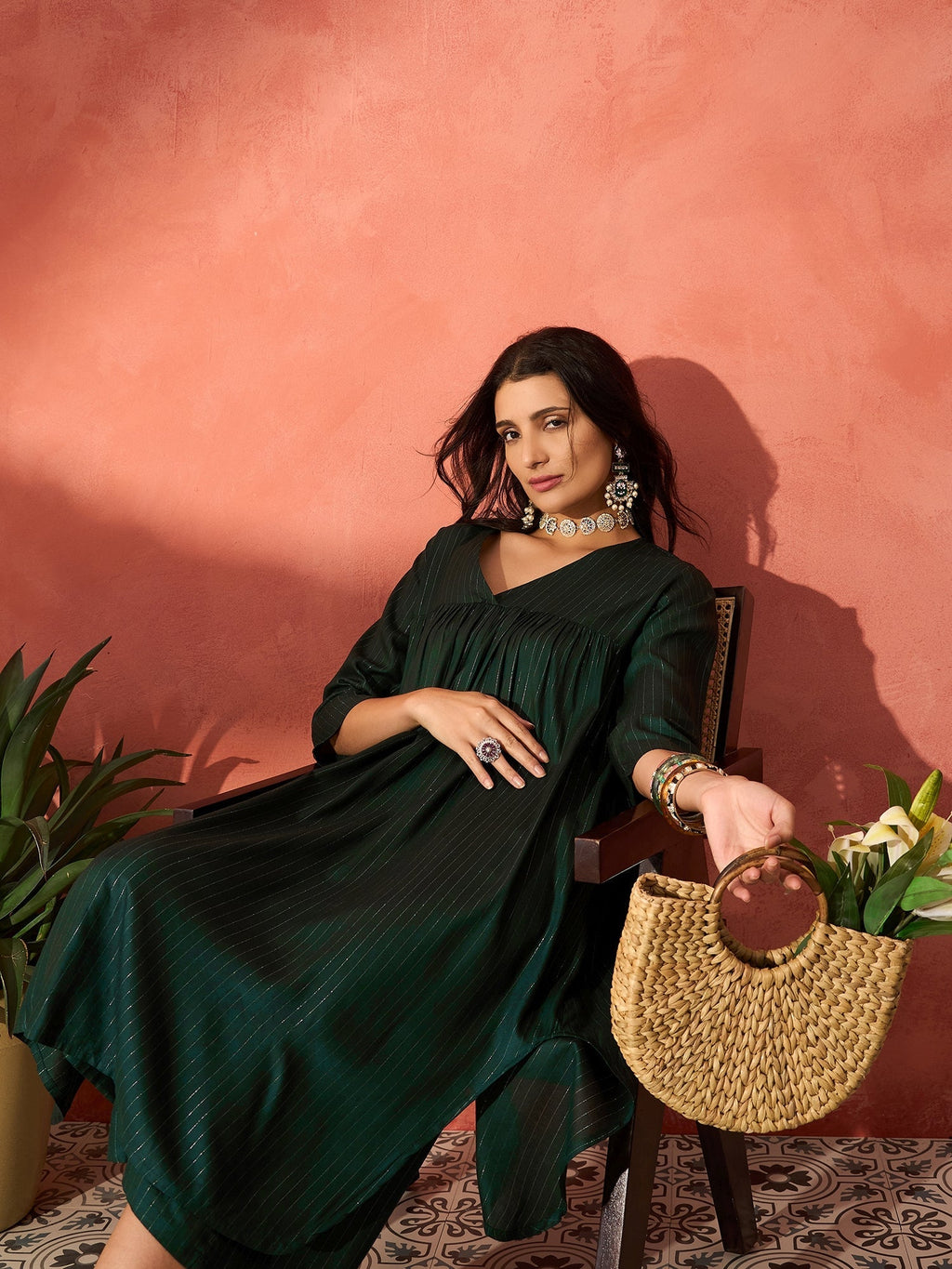 InWeave Pine Green Lurex Flared V Neck Kurta Palazzo Set | Grocsy
