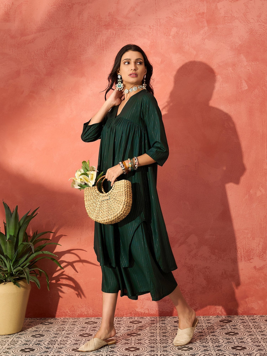 InWeave Pine Green Lurex Flared V Neck Kurta Palazzo Set | Grocsy