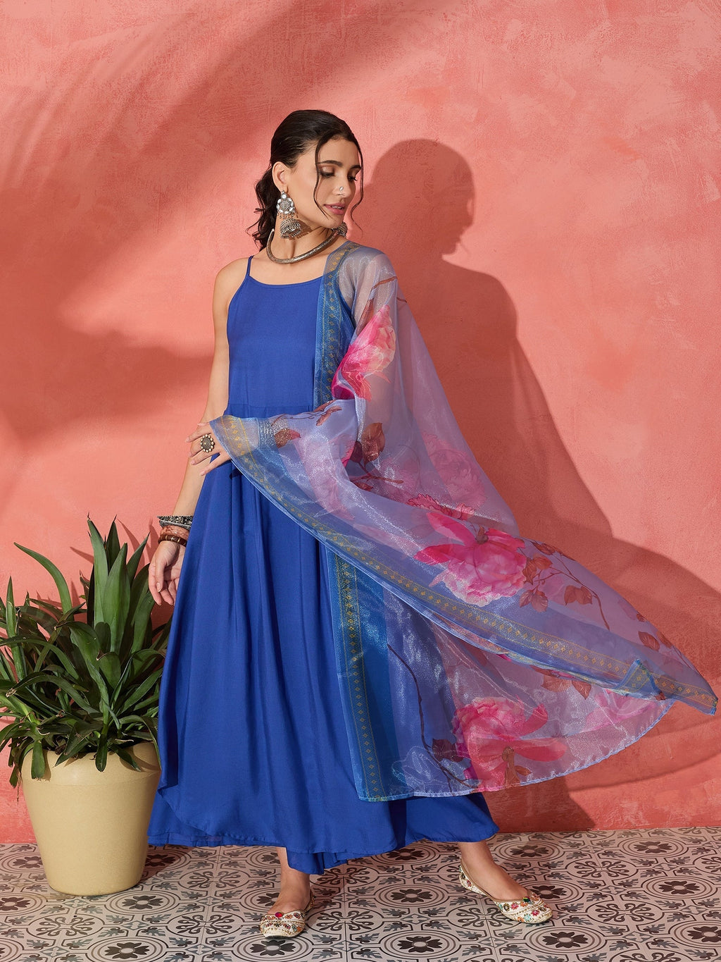 InWeave Strappy Ink Blue With Blue Fuchsia Floral Organza Dupatta Set | Grocsy
