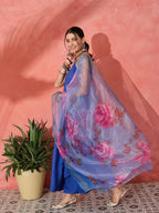 InWeave Strappy Ink Blue With Blue Fuchsia Floral Organza Dupatta Set | Grocsy