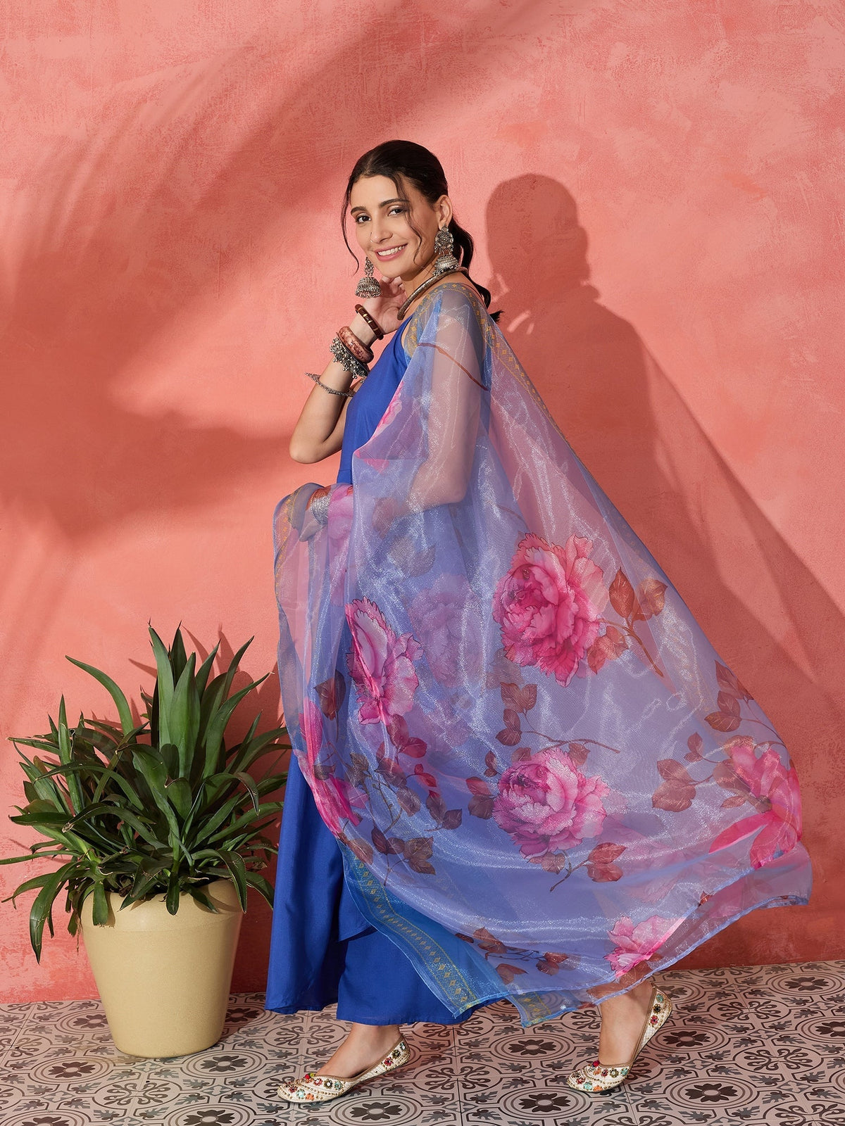 InWeave Strappy Ink Blue With Blue Fuchsia Floral Organza Dupatta Set | Grocsy