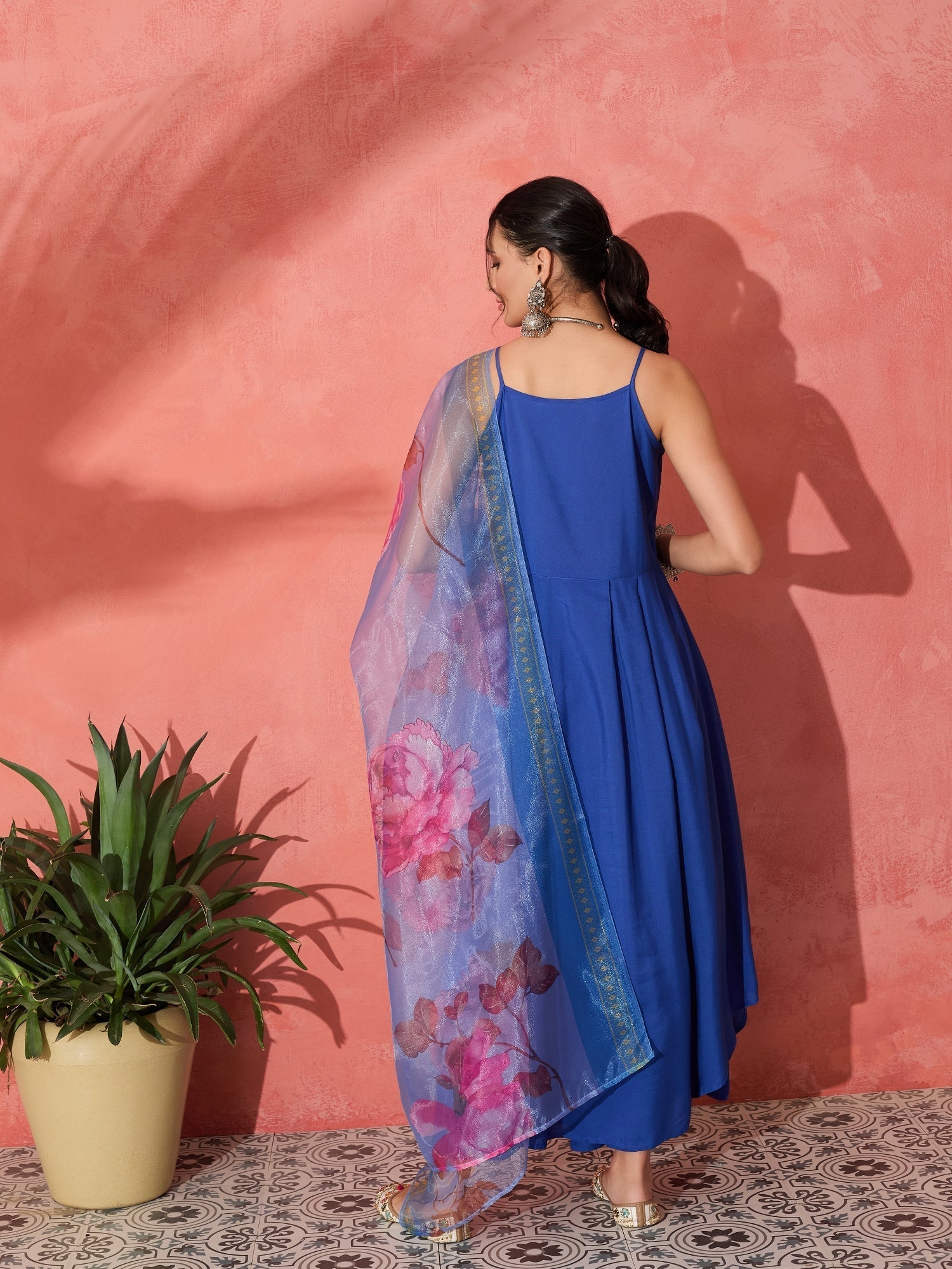 InWeave Strappy Ink Blue With Blue Fuchsia Floral Organza Dupatta Set | Grocsy