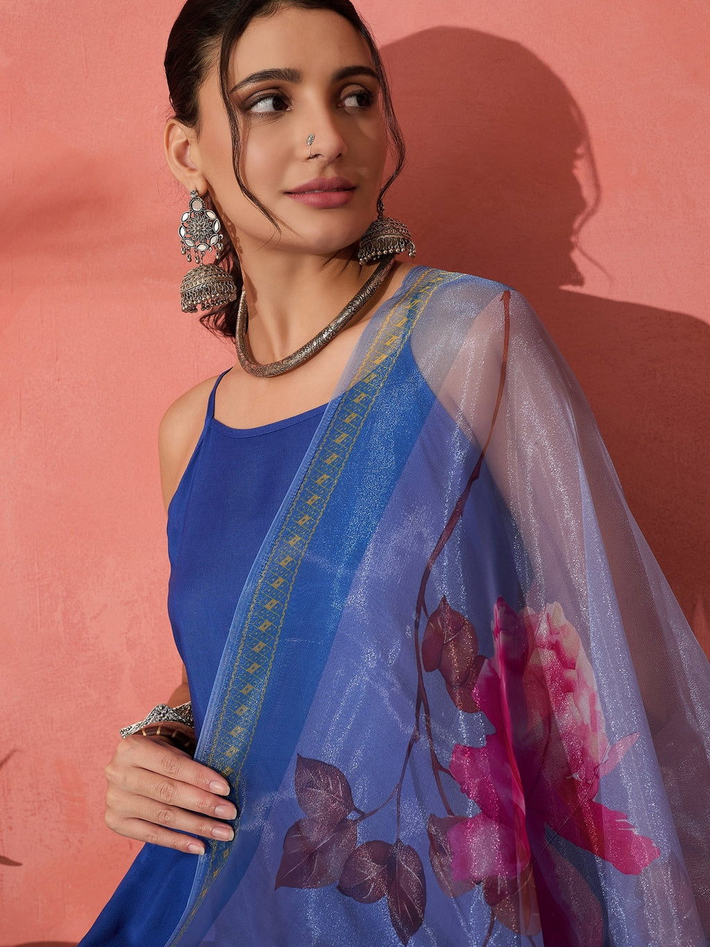 InWeave Strappy Ink Blue With Blue Fuchsia Floral Organza Dupatta Set | Grocsy