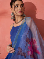 InWeave Strappy Ink Blue With Blue Fuchsia Floral Organza Dupatta Set | Grocsy